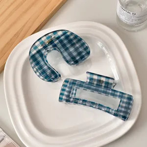 Haarklammer-Set mit blau-weißem Karomuster aus Acetat in rechteckiger und U-förmiger Form