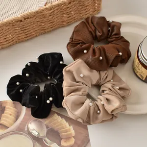 Plaid fabric hair scrunchies with white pearls in black, brown and beige colors