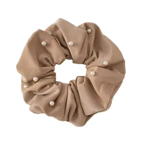 French style beige scrunchie with white grid pattern and decorative faux pearls