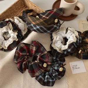 Vintage Plaid Lace Scrunchie And Checkered Headband Set With Bow Button Preppy Style Fabric Hair Accessories For Women