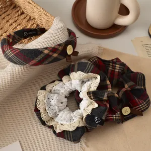 Vintage red plaid headband and lace scrunchie set with rustic aesthetic details