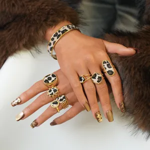 Vintage 304 Stainless Steel Leopard Cow Print Pony Hair Ring Gold Plated Open Adjustable Geometric Animal Pattern Jewelry For Women