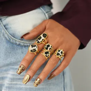 Detailed view of women's gold leopard print ring set featuring various geometric shapes