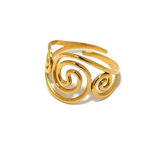 Elegant gold spiral stainless steel ring with minimalist vortex design on white background