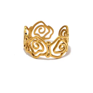 Elegante gouden roestvrijstalen open ring met een 3D hol rozenbloem spiraalpatroon