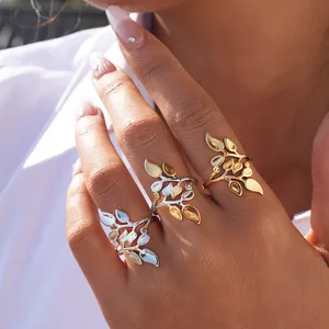 Bague Ouverte Feuille en Acier Inoxydable Réglable pour Femme Bijoux de Doigt Branche de Plante Botanique Ajourée à la Mode