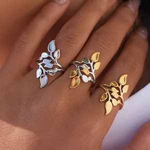 Bagues réglables en forme de feuilles en acier inoxydable, finitions or et argent