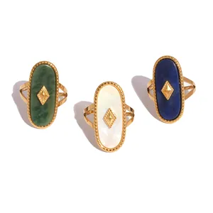 Vintage stainless steel oval rings with lapis, mother of pearl and green jade stones