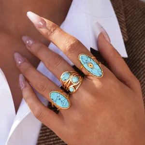 Vintage 304 Stainless Steel Turquoise Ring For Women Bohemian Gold Plated Oval Geometric Hollow Adjustable Finger Ring