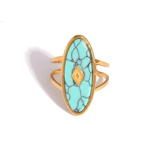Bohemian stainless steel ring with oval turquoise stone and golden sunburst detail