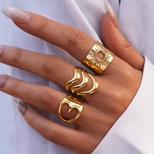 Anillo Abierto de Acero Inoxidable con Corazón y Sol Calados para Mujer Chapado en Oro PVD Joyería de Moda Ajustable Minimalista