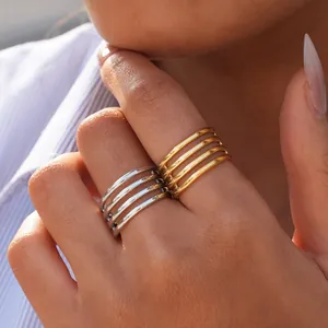 Modern 304 Stainless Steel Multilayer Open Ring For Women 18K Gold Silver Plated Geometric Hollow Wide Statement Finger Ring Jewelry Gift