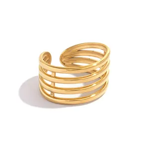 Minimalist multi-layer 18K gold-plated open ring with polished hollow layered design