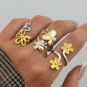 Minimalist stainless steel flower and butterfly open rings in gold and silver finish