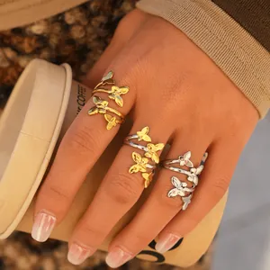 Anello Aperto a Farfalla in Acciaio Inossidabile 304 alla Moda per Donna Regolabile Minimalista Oro Argento Placcato Gioielli