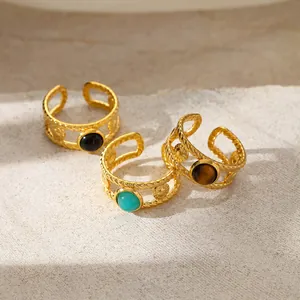 Vintage Stainless Steel 18K Gold Plated Open Ring For Women Bohemian Braided Adjustable Natural Stone Finger Ring Jewelry