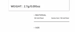 Specifications of 18K gold plated stainless steel ring showing 2.7g weight and size data