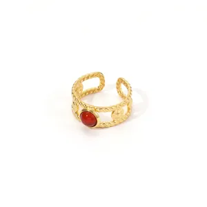 French vintage 18K gold plated stainless steel ring with red stone and twist band