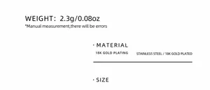 Detailed specs card showing 18K gold plated stainless steel ring weight of 2.3g