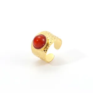 Vintage style 18K gold plated stainless steel hammer texture ring with red natural stone