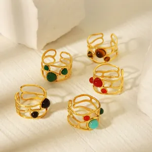 Set of five 18K gold plated stainless steel open rings featuring natural stone inlays