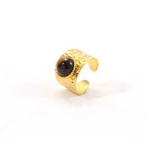 French vintage stainless steel 18K gold ring with tiger eye stone and hammered texture
