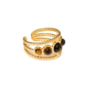 18K gold plated stainless steel multi-layer braided ring with three natural tiger eye stones