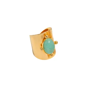 Close-up of gold stainless steel ring featuring a large oval turquoise stone setting