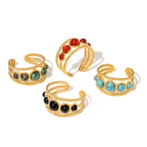 French 18K Gold Plated Stainless Steel Open Ring For Women Bohemian Vintage Natural Stone Inlaid Braided Adjustable Ring Jewelry