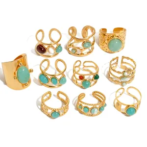 Vintage Stainless Steel 18K Gold Plated Natural Stone Adjustable Open Ring For Women Bohemian Hammered Hollow Jewelry Hand Ornament