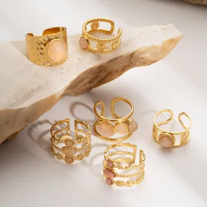 Französischer Vintage Edelstahl Ring Damen Mit Rosa Naturstein Gold Vergoldet Geometrisch Offener Verstellbarer Fingerring Schmuck