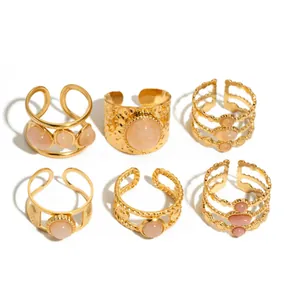 6er-Set goldene verstellbare Edelstahlringe mit rosa Naturstein im eleganten Vintage-Stil