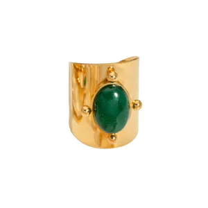 French vintage 18K gold plated stainless steel ring with large oval green gemstone