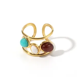 Goudkleurige open ring in Franse stijl met kleurrijke ovale stenen en boho-ontwerp