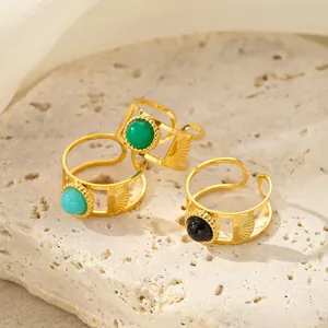 Vintage 18K gold plated stainless steel rings with natural stones and sunburst patterns