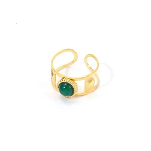 Vintage 18K gold stainless steel open ring with green stone and sunburst pattern