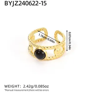 Detailed size specifications of the vintage twisted rope gold ring with black stone inlay