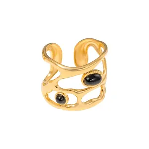 French vintage 18K gold plated stainless steel open ring with black oval natural stones