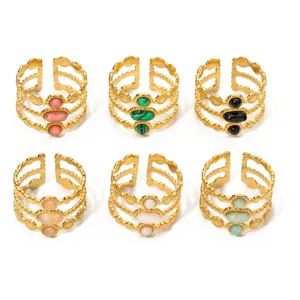 Vintage Edelstahl Mehrlagig Offener Ring Für Damen Bohemian Vergoldet Naturstein Eingelegt Verstellbarer Finger Schmuck