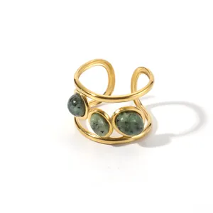 18k gold plated stainless steel open ring with three oval green natural stones