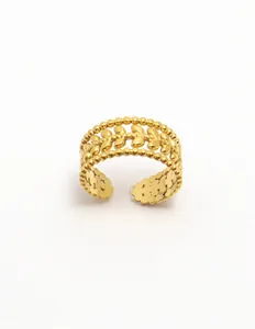 Macro detail of 18K gold plated stainless steel open ring with leaf pattern and bead edges
