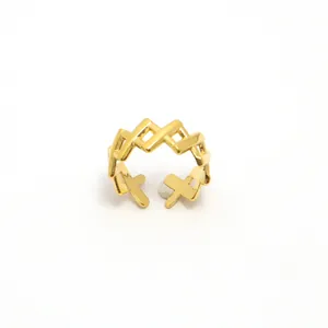 18K gold plated stainless steel open ring with a hollow geometric crossover design