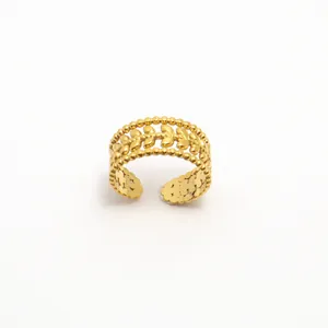 Adjustable 18K gold plated stainless steel wide ring featuring olive leaf and bead edge