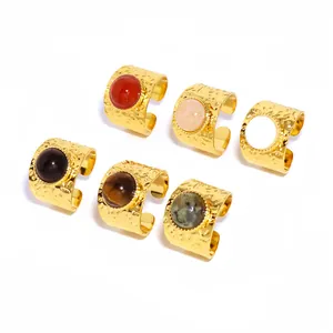 French Vintage Stainless Steel Hammered Wide Band Open Ring With Natural Stone For Women Gold Plated Adjustable Bohemian Jewelry