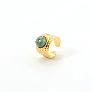 French retro 18K gold plated stainless steel ring with turquoise stone and hammered texture