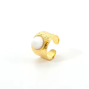 French vintage 18K gold stainless steel ring with white stone and hammered texture