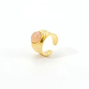 French vintage stainless steel 18K gold ring with pink natural stone and hammered texture