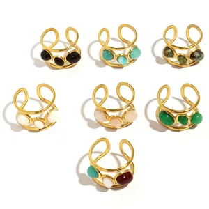 French vintage stainless steel open rings with colorful natural stones in gold finish