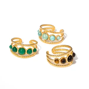 18K gold plated stainless steel open rings with woven texture and colorful natural stones