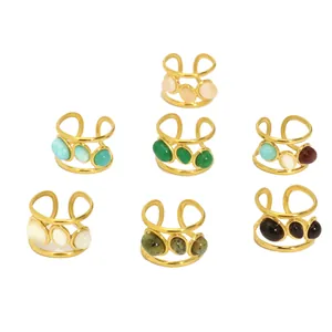 French vintage adjustable stainless steel rings set with natural oval stone inlays